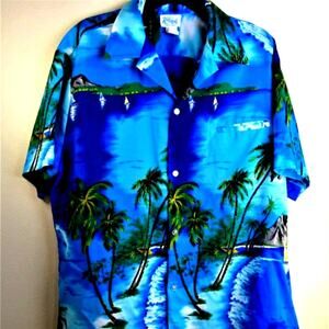 Vintage Kole Kole Hawaiian Shirt X-Large Button Front Blue Made in Hawaii Palms